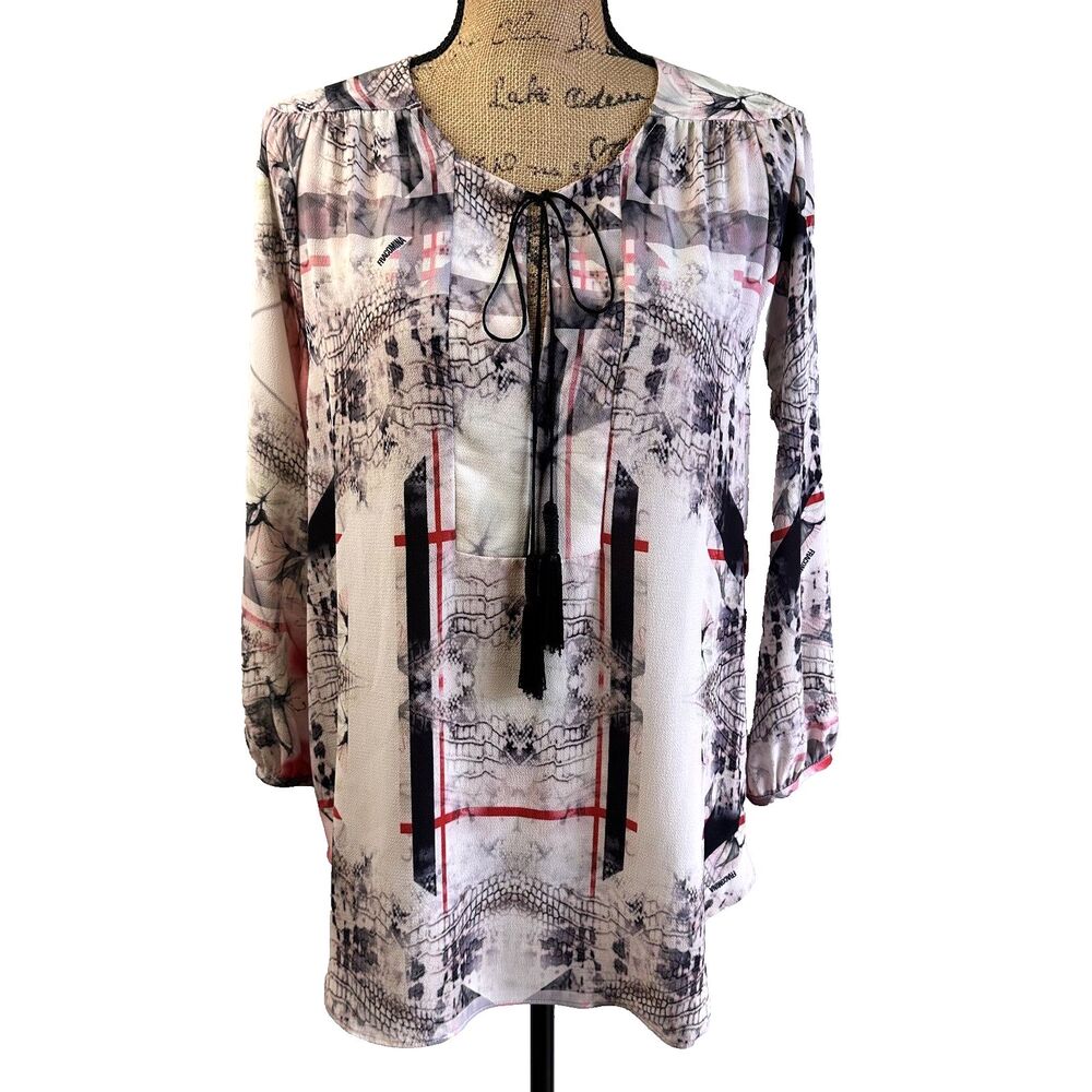 Fracomina Women's Gray  Abstract Graphic Print Tied Split Neck Top Blouse Sz L